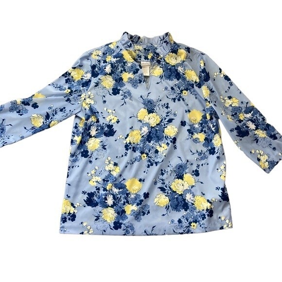 Vintage Bend Over Blue Yellow Floral Ruffle Vneck Blouse Large - Picture 8 of 11